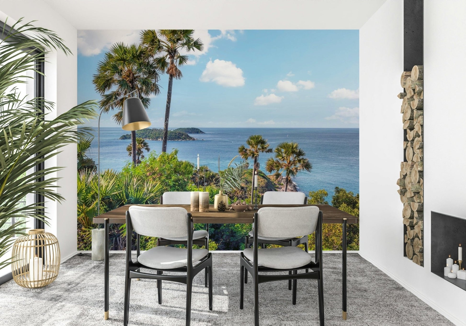 Dining nook finished with Oceanic Escape Wall Mural and sunny ocean outlook, GD7947