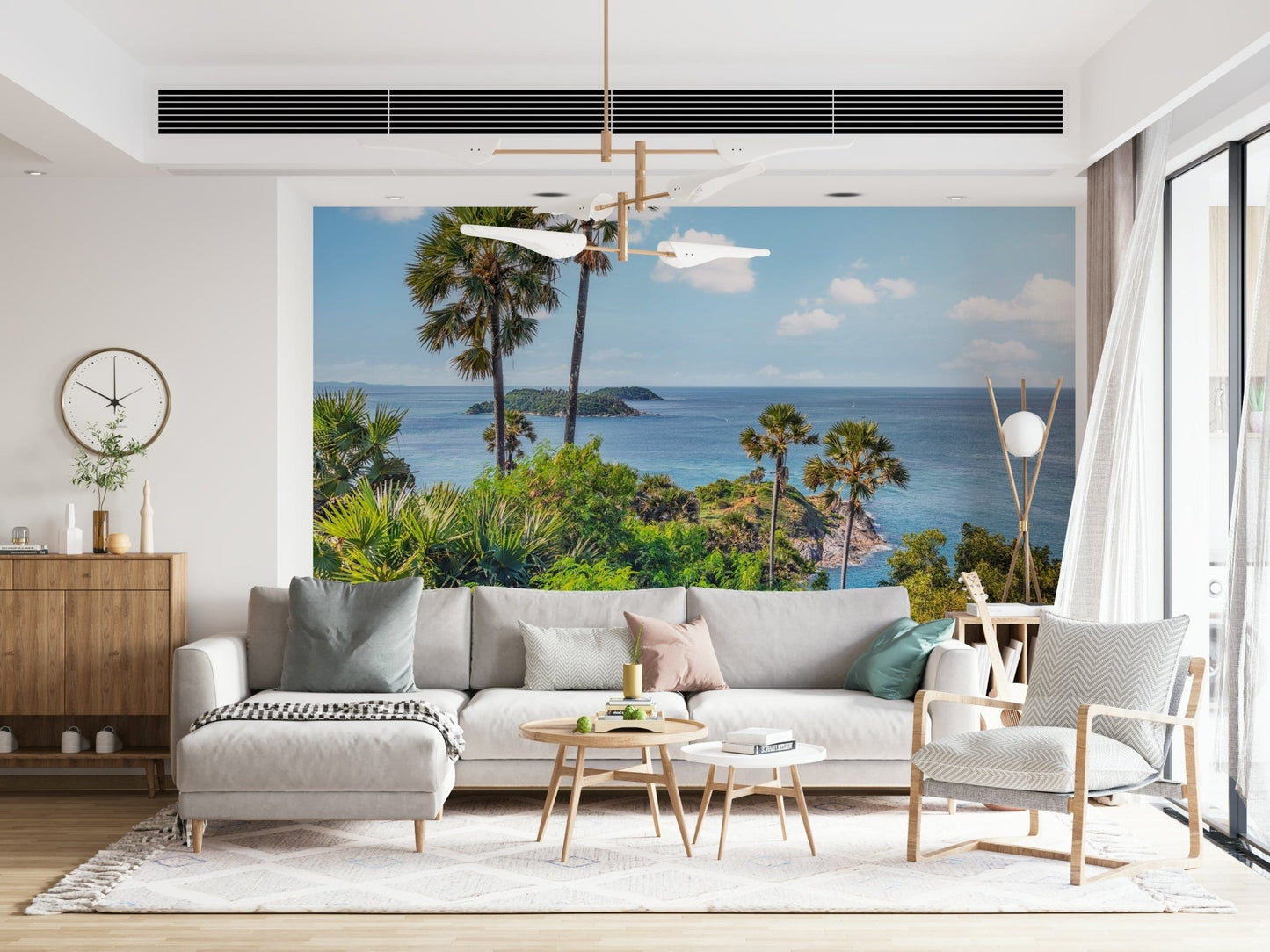 Sunlit lounge styled with Oceanic Escape Wall Mural and palm-lined coastline, GD7947