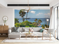 Sunlit lounge styled with Oceanic Escape Wall Mural and palm-lined coastline, GD7947