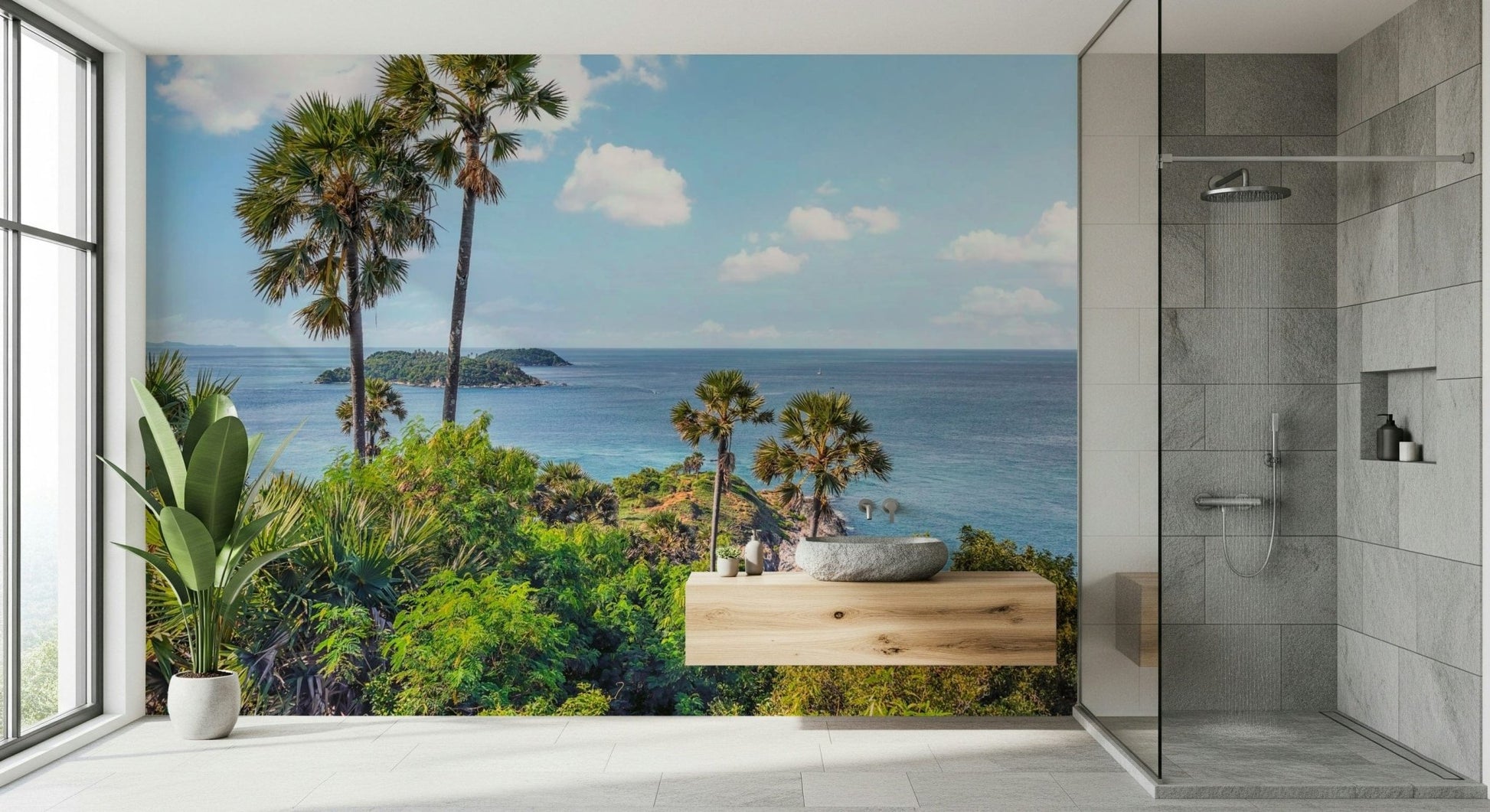 Bathroom wall styled with Oceanic Escape Wall Mural and fresh tropical horizon, GD7947