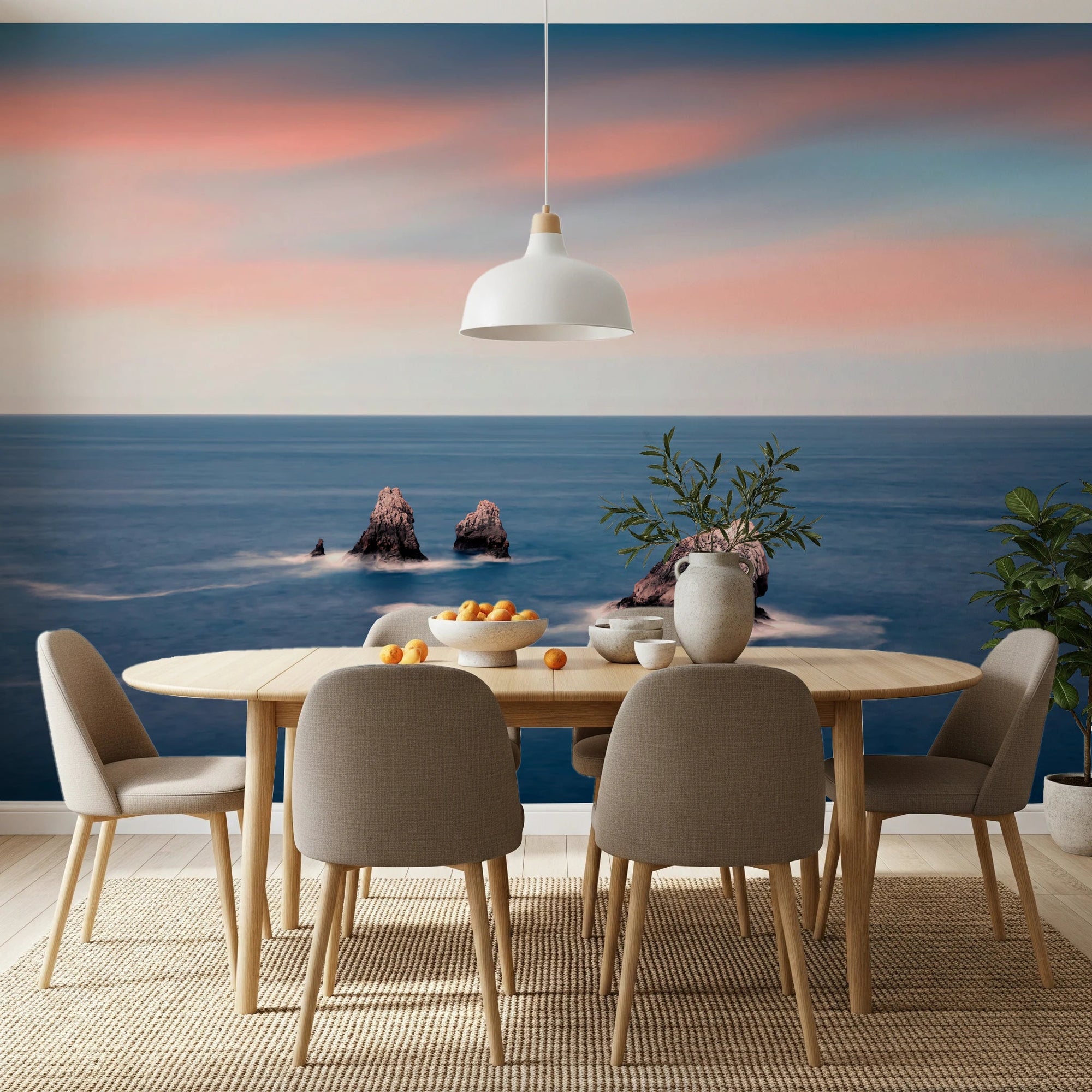 Dining room with Ocean's Blush Wall Mural and soft pink sea horizon, GD8073