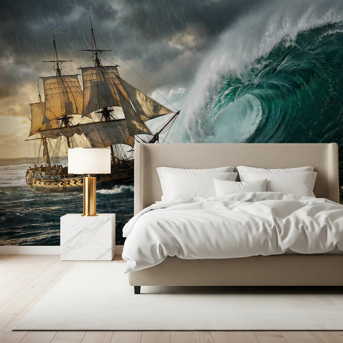 Deep teal ocean and splashing sea foam wallpaper wall mural.