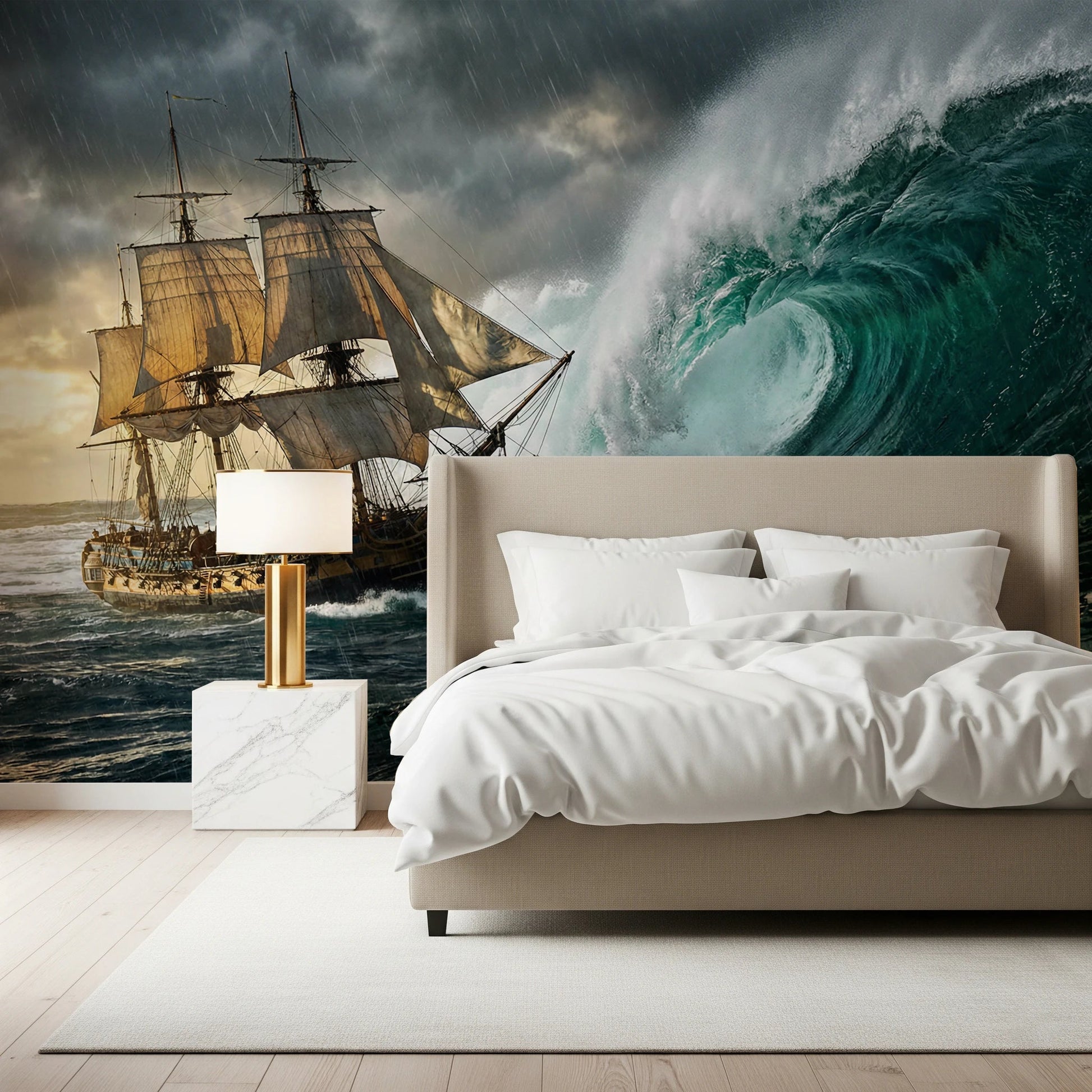 Deep teal ocean and splashing sea foam wallpaper wall mural.
