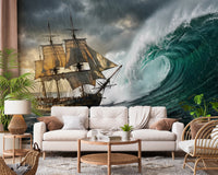 Classic sailing ship navigating a massive sea wave wall mural.
