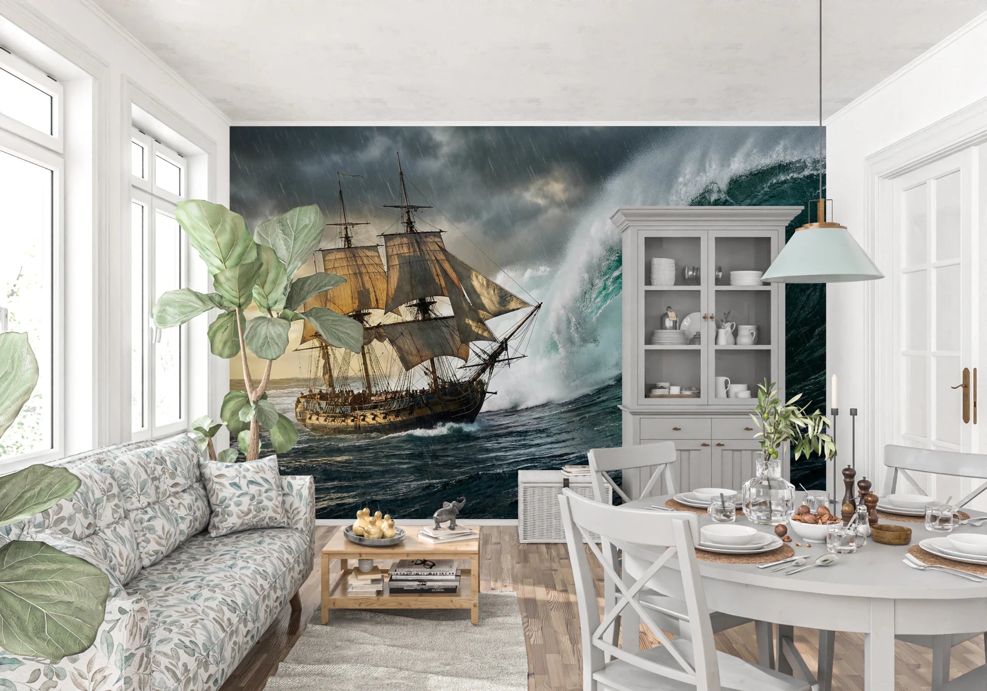 Ocean's Challenge Wall Mural with a ship and giant wave wallpaper.