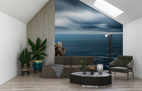 Watercolour seascape wallpaper with teal mist for accent wall