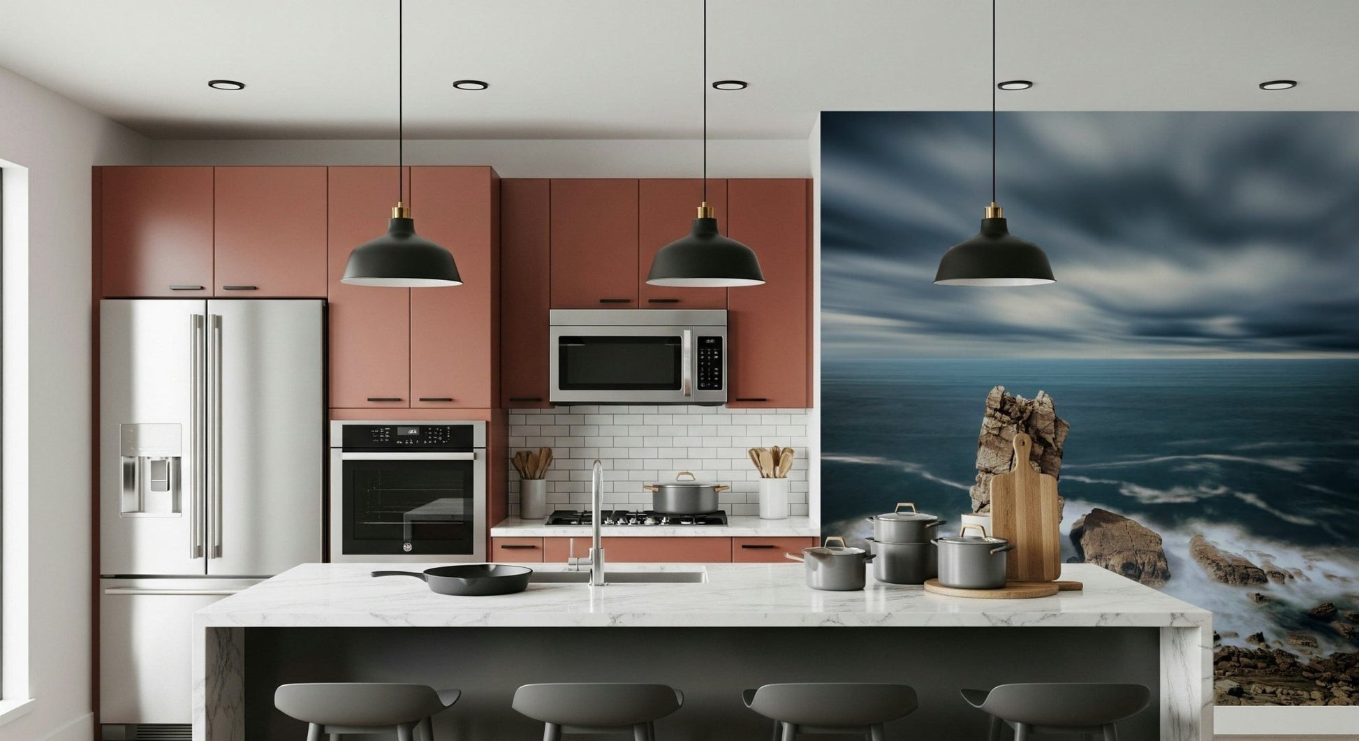 Minimal coastal wallpaper with layered blues for full wall coverage