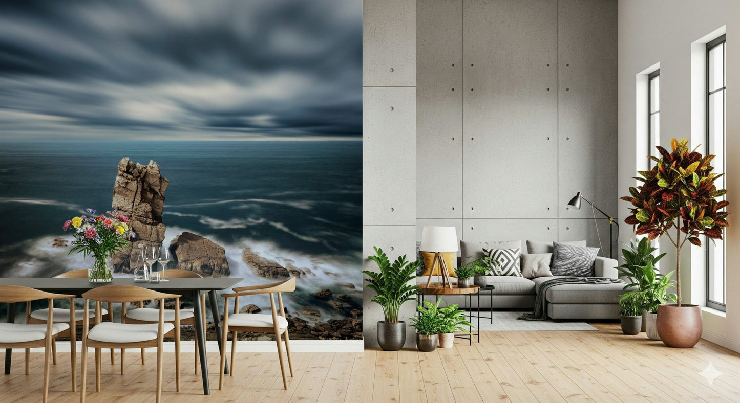 Ocean horizon wall mural with soft aqua gradients for full wall