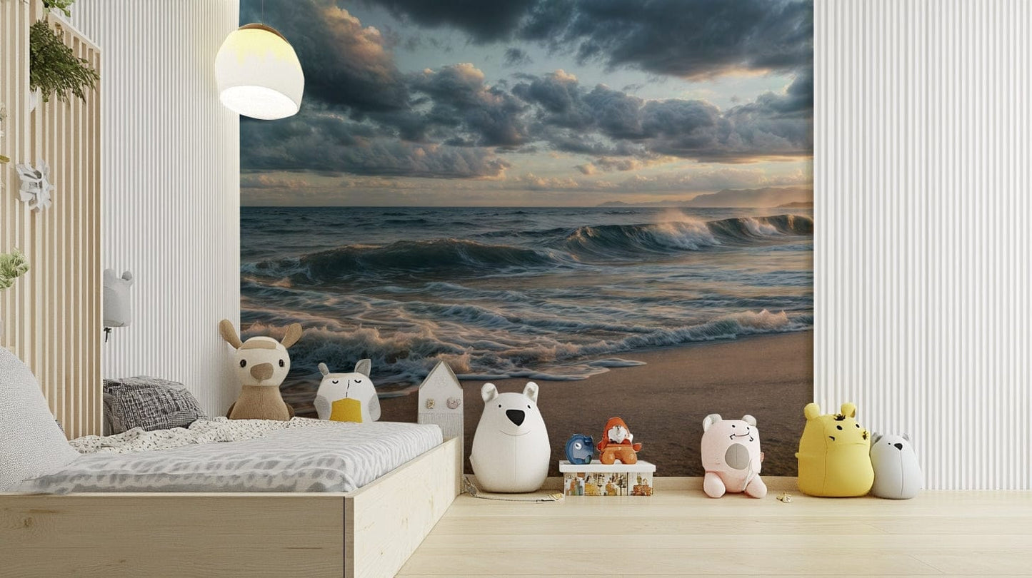 A nursery setting feels balanced beside Ocean's Embrace wall mural soft horizon