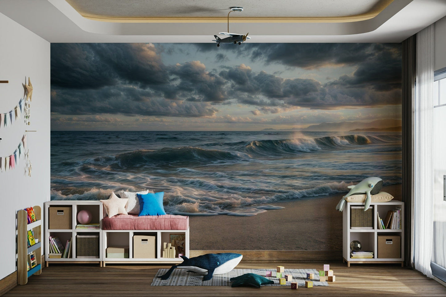 Playroom space feels dynamic with Ocean's Embrace wall mural ocean movement