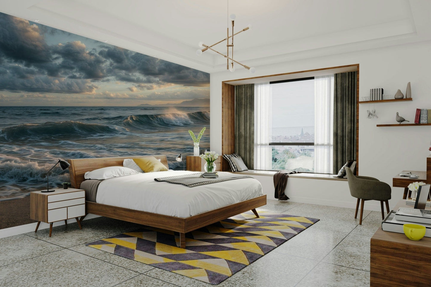Bedroom styling feels immersive with Ocean's Embrace wall mural shoreline view