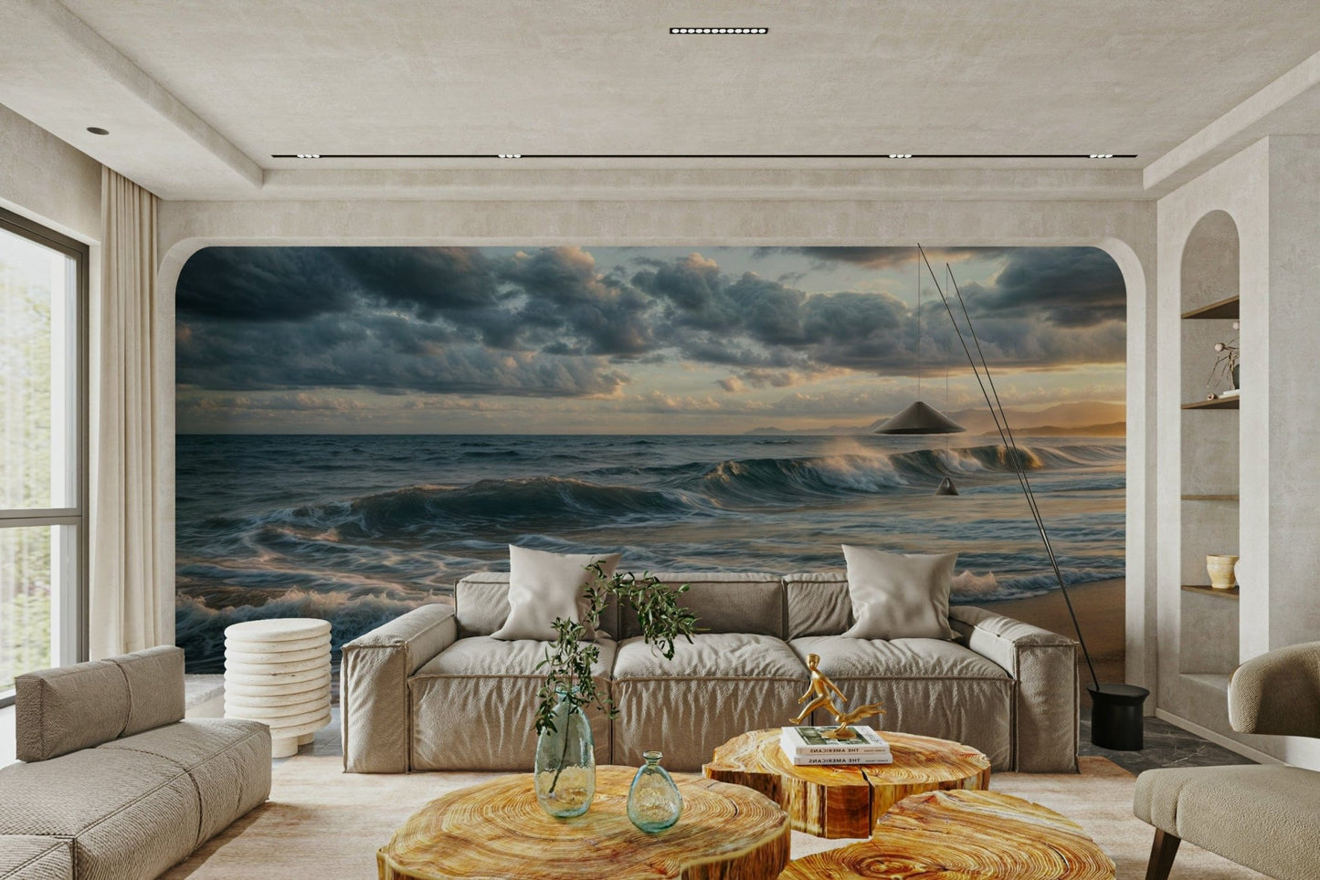 Along a hallway, Ocean's Embrace wall mural brings movement through flowing waves