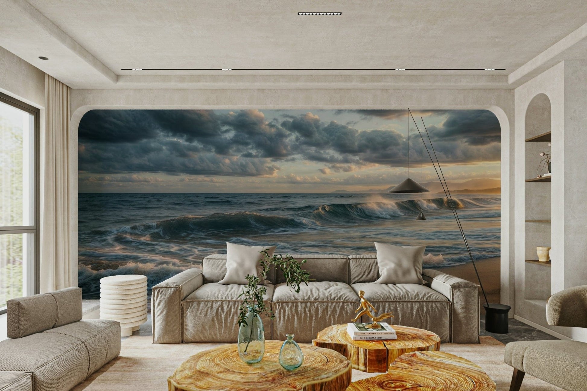 Along a hallway, Ocean's Embrace wall mural brings movement through flowing waves