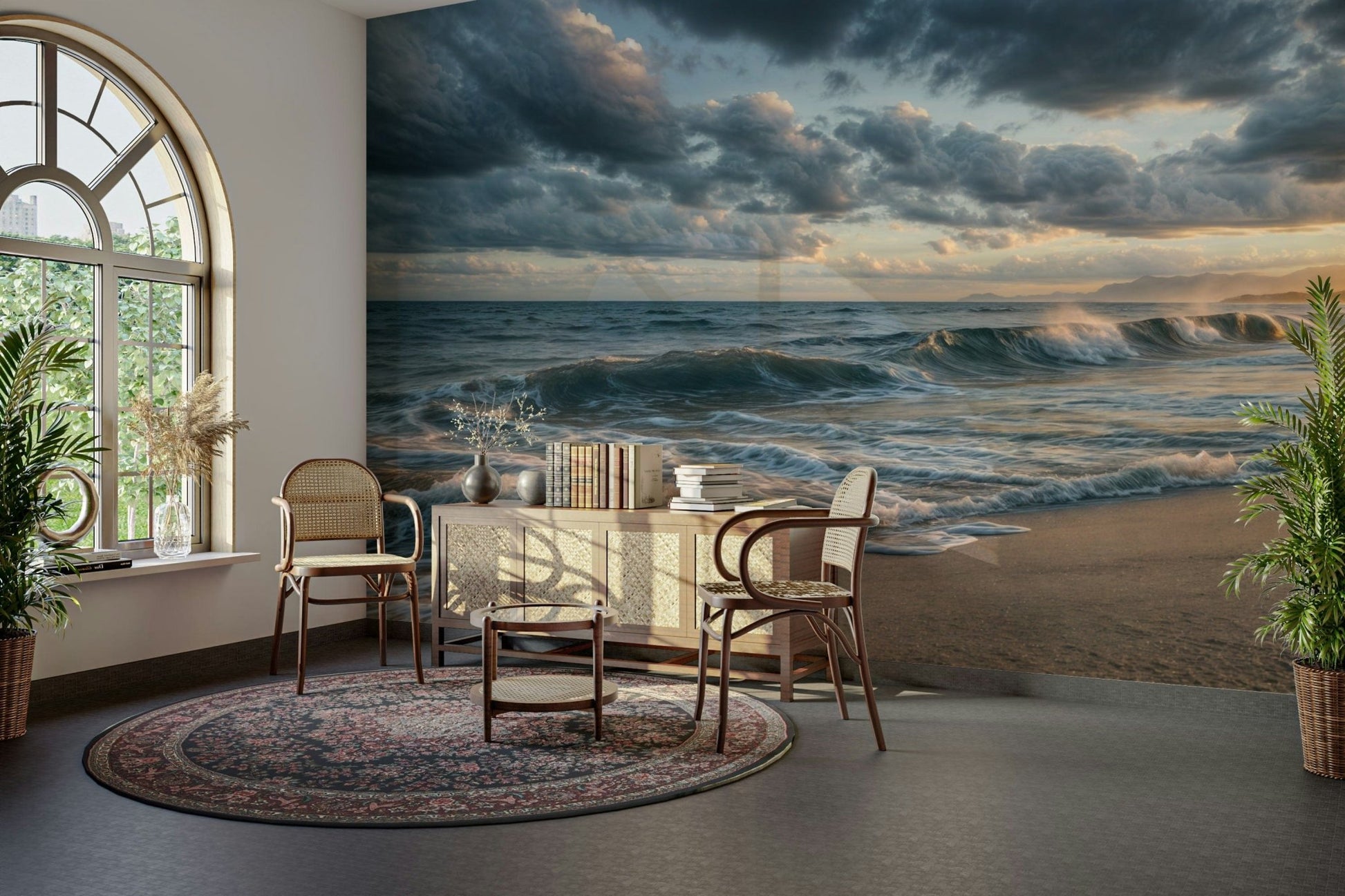 Living area focus improves with Ocean's Embrace wall mural and ocean depth