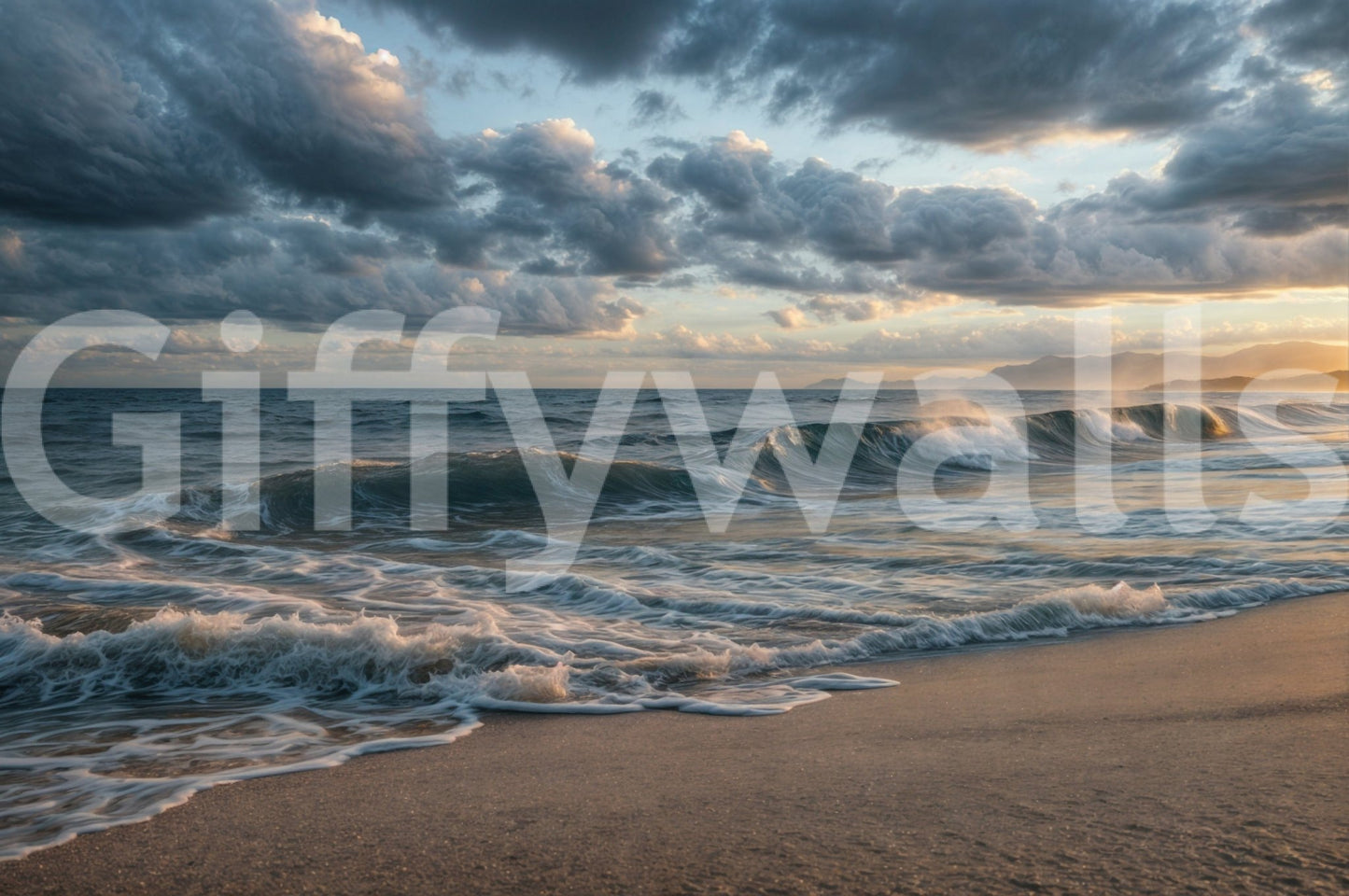 Ocean's Embrace wall mural showing waves rolling onto sandy shore under cloudy sky