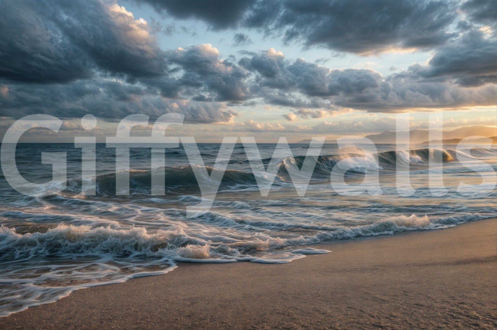 Ocean's Embrace wall mural showing waves rolling onto sandy shore under cloudy sky