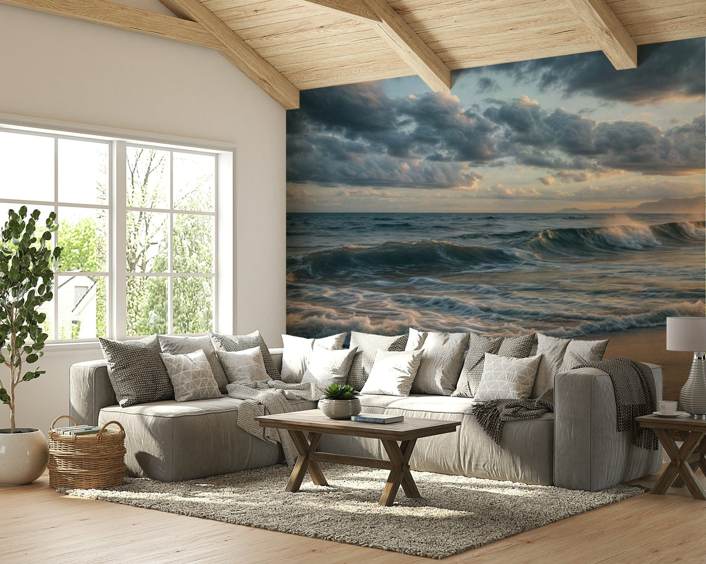 A living room gains depth with Ocean's Embrace wall mural and strong wave motion