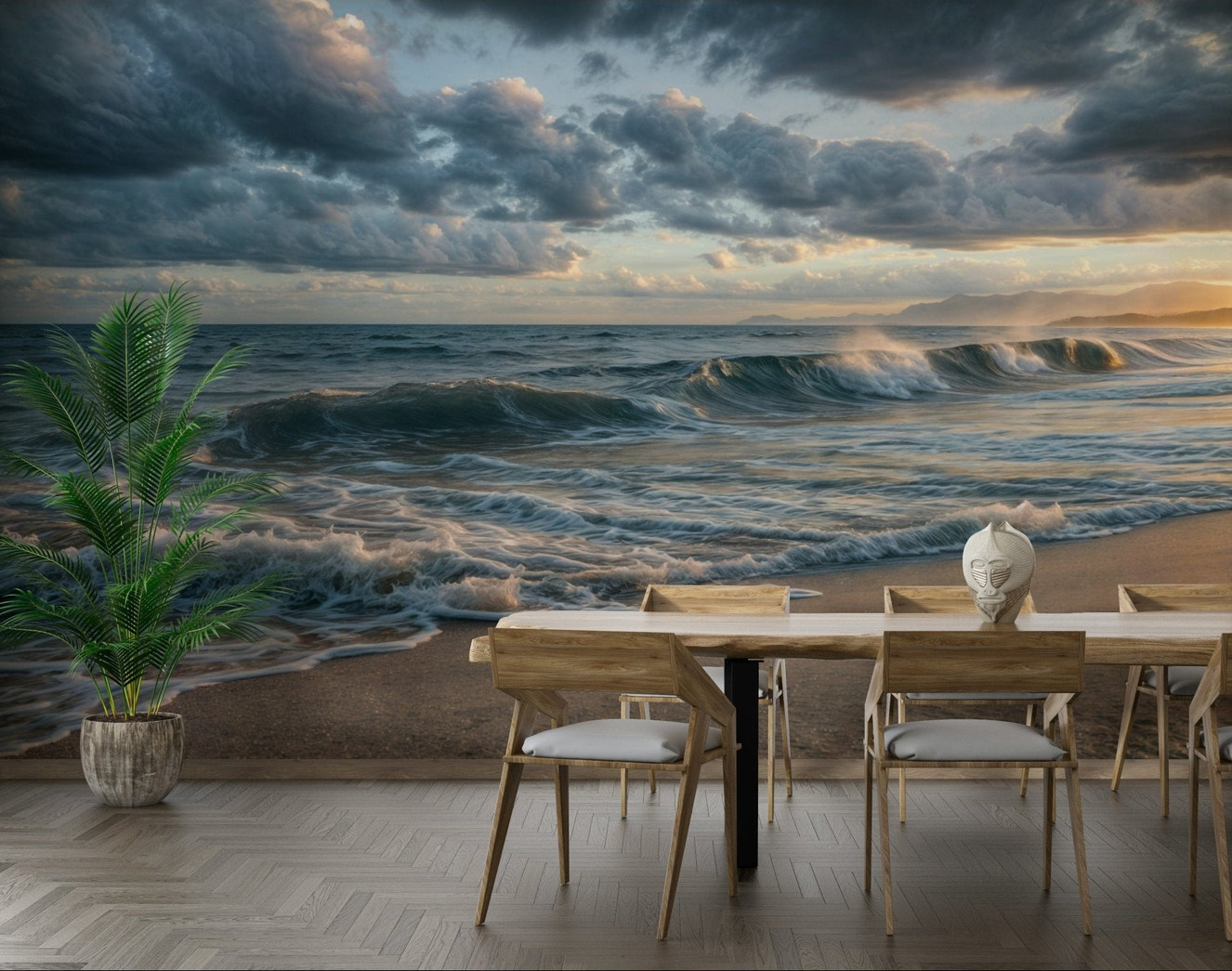 Dining room styling feels grounded with Ocean's Embrace wall mural coastal scene