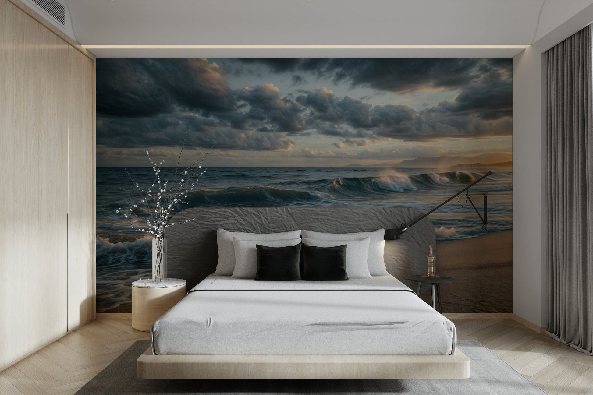 Bedroom atmosphere softens under Ocean's Embrace wall mural and evening sky tones