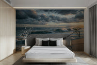 Bedroom atmosphere softens under Ocean's Embrace wall mural and evening sky tones