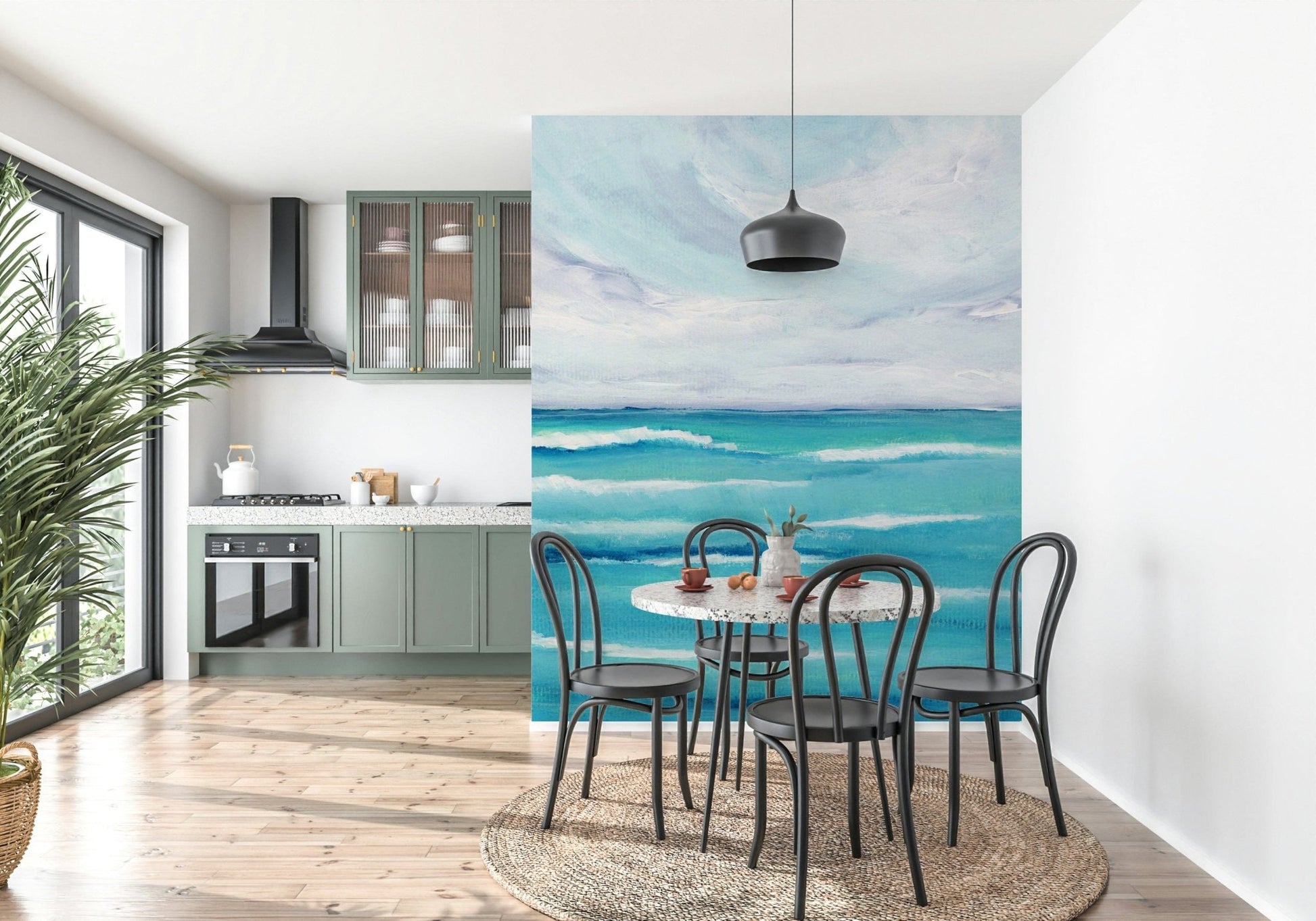 Dining room feels smoother with Ocean's Embrace landscape wall mural in seafoam blue