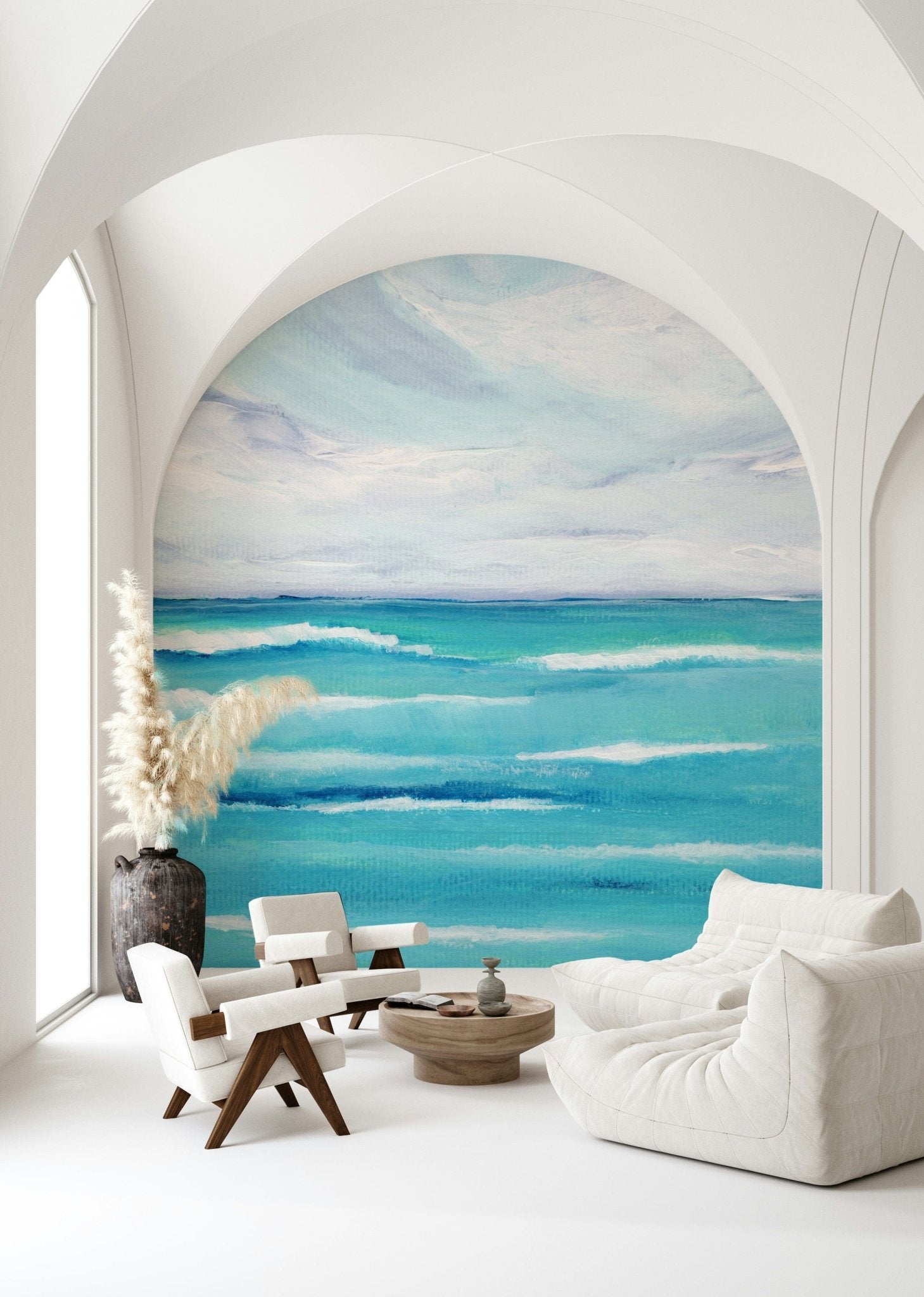 Ocean's Embrace wall mural adds breezy coastal depth along a bright hallway setting