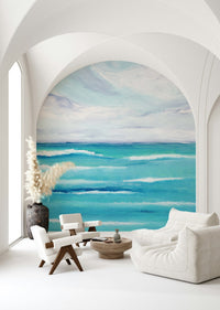 Ocean's Embrace wall mural adds breezy coastal depth along a bright hallway setting