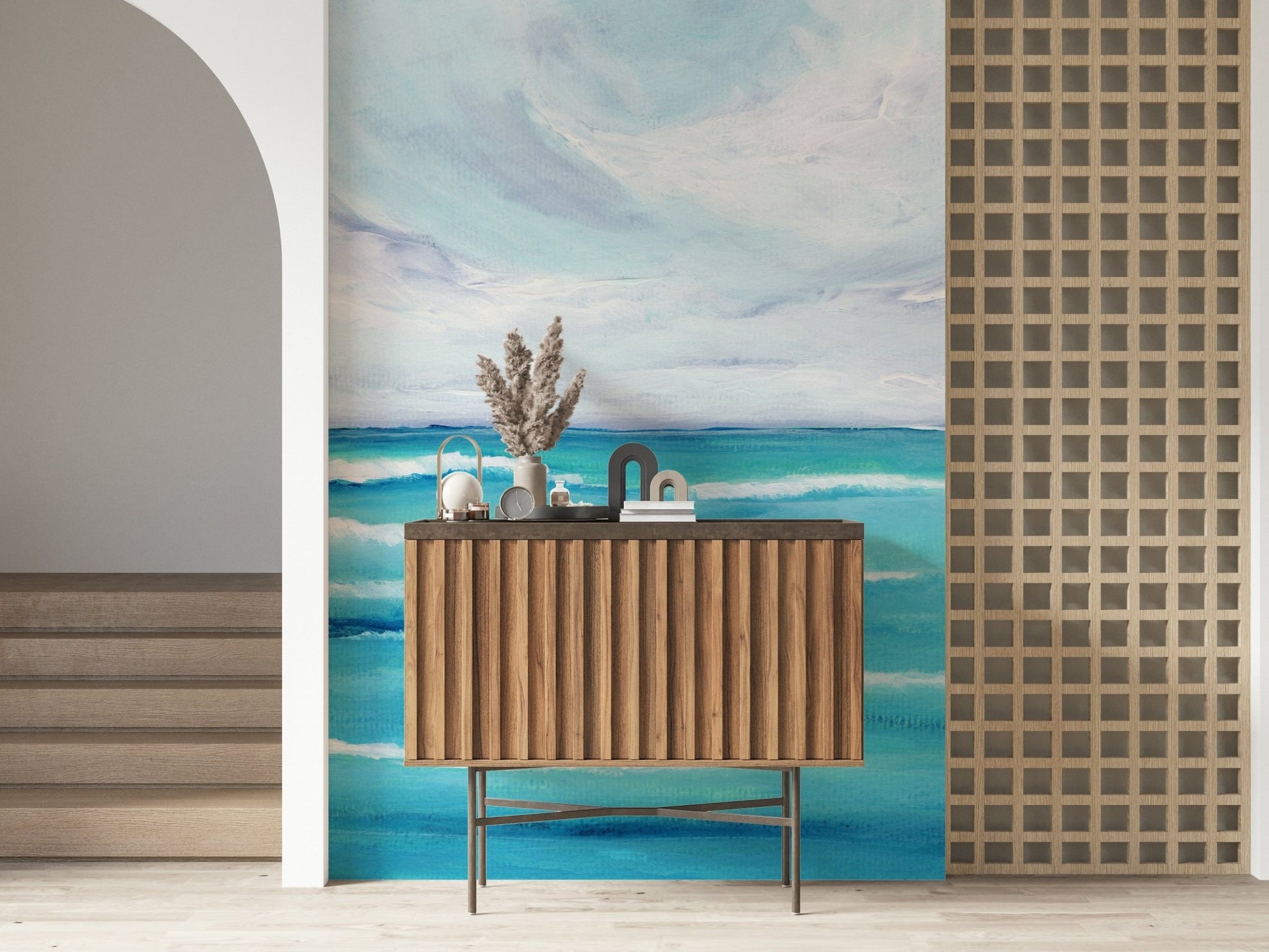 A Entryway gains a fresh coastal note from the Ocean's Embrace wall mural scene