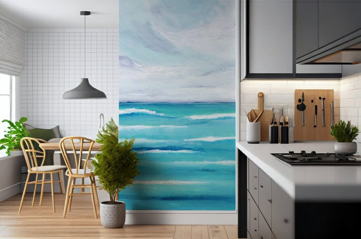 In the Kitchen, Ocean's Embrace wall mural carries soft water tones with airy calm