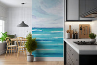 In the Kitchen, Ocean's Embrace wall mural carries soft water tones with airy calm