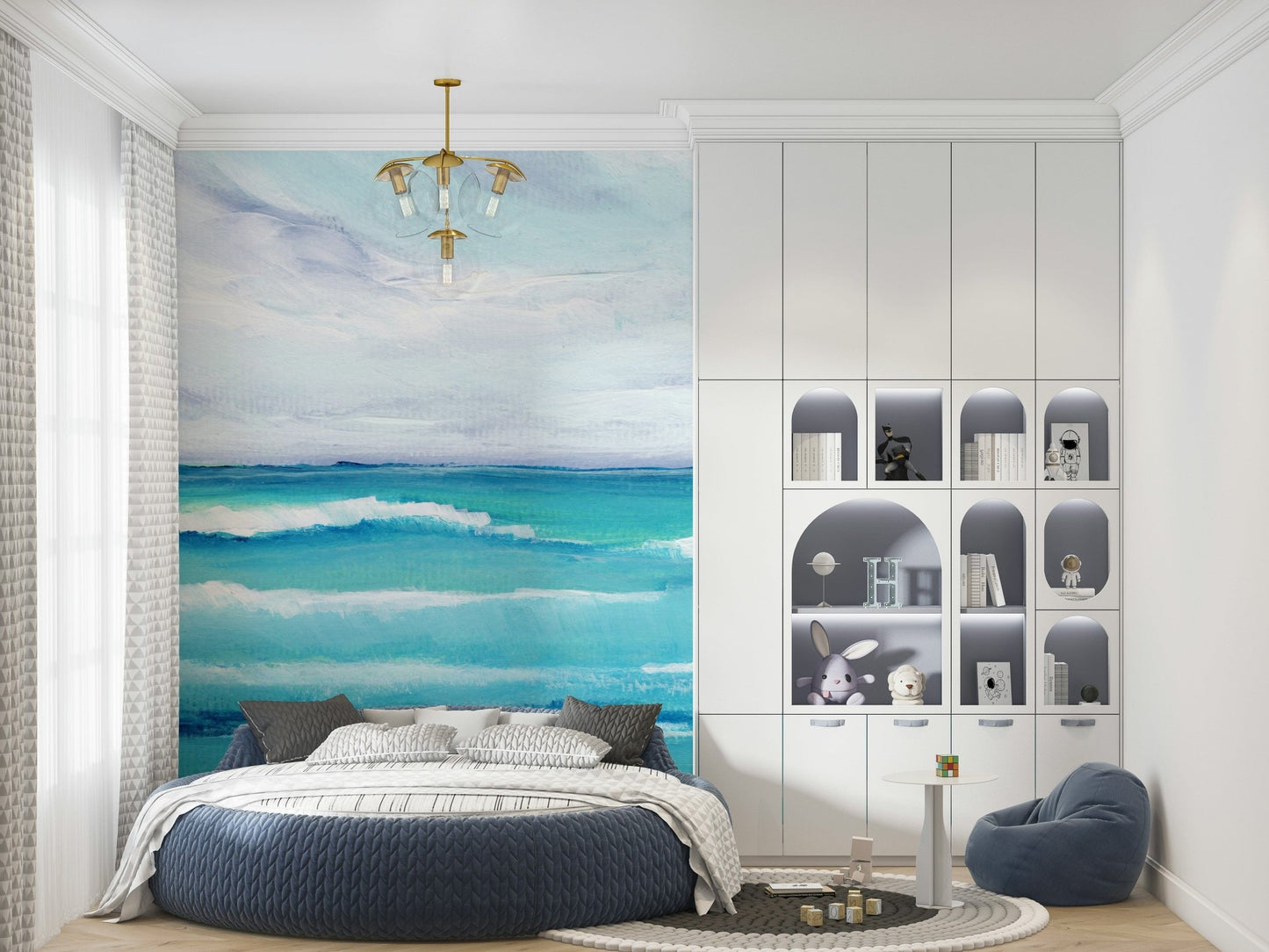 A bedroom feels softer with Ocean's Embrace landscape wall mural and misty sea tones