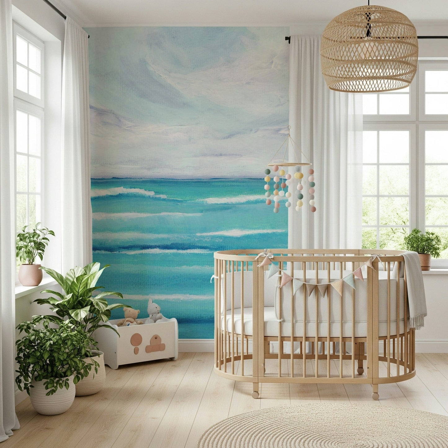 For a nursery, Ocean's Embrace landscape wall mural gives a gentle sky-and-sea touch