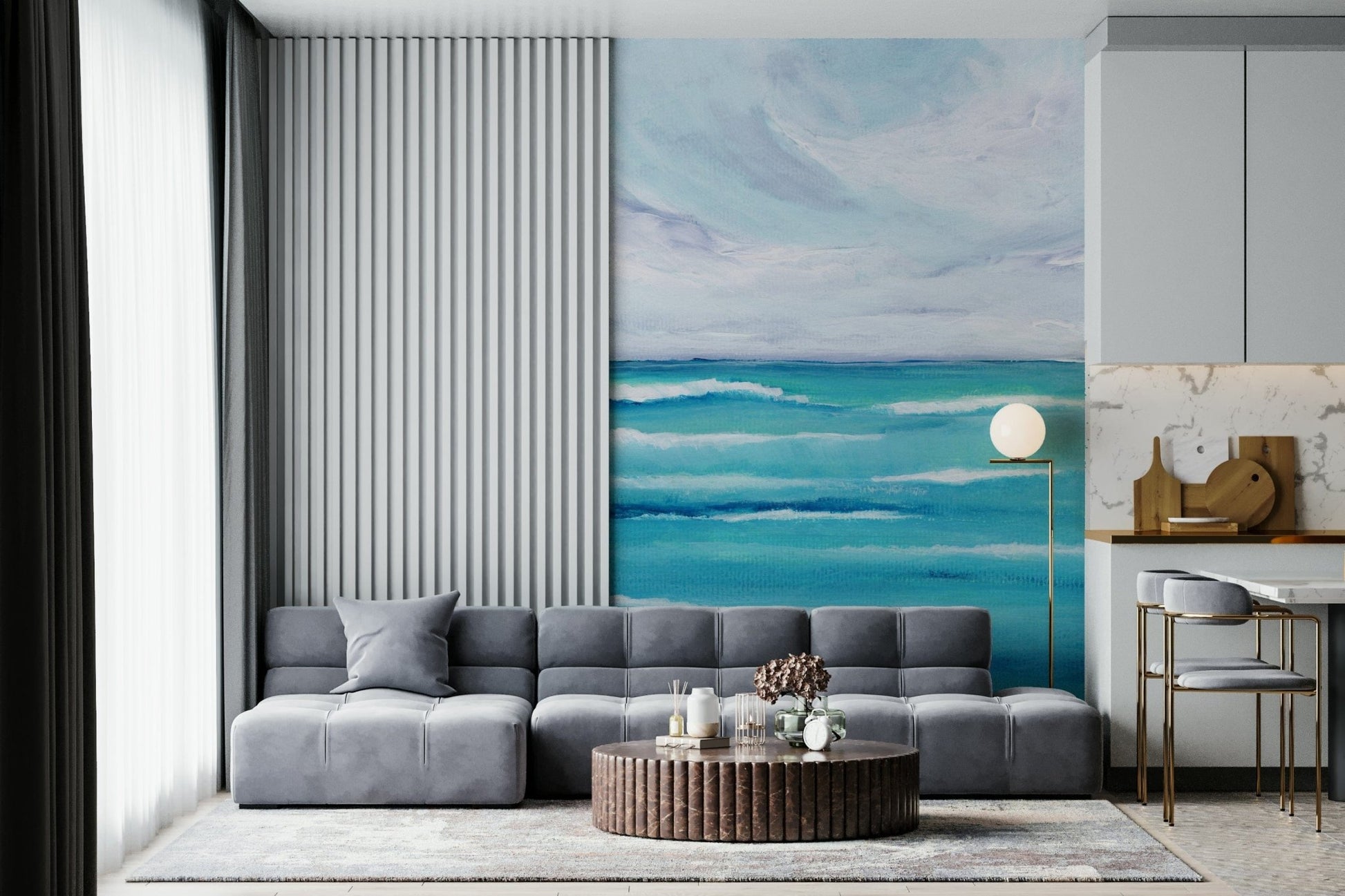 The Living room feels lighter with Ocean's Embrace seascape wall mural in aqua hues