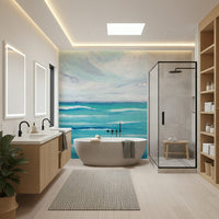 In the Bathroom, Ocean's Embrace wall mural brings a quiet shoreline feel in blue