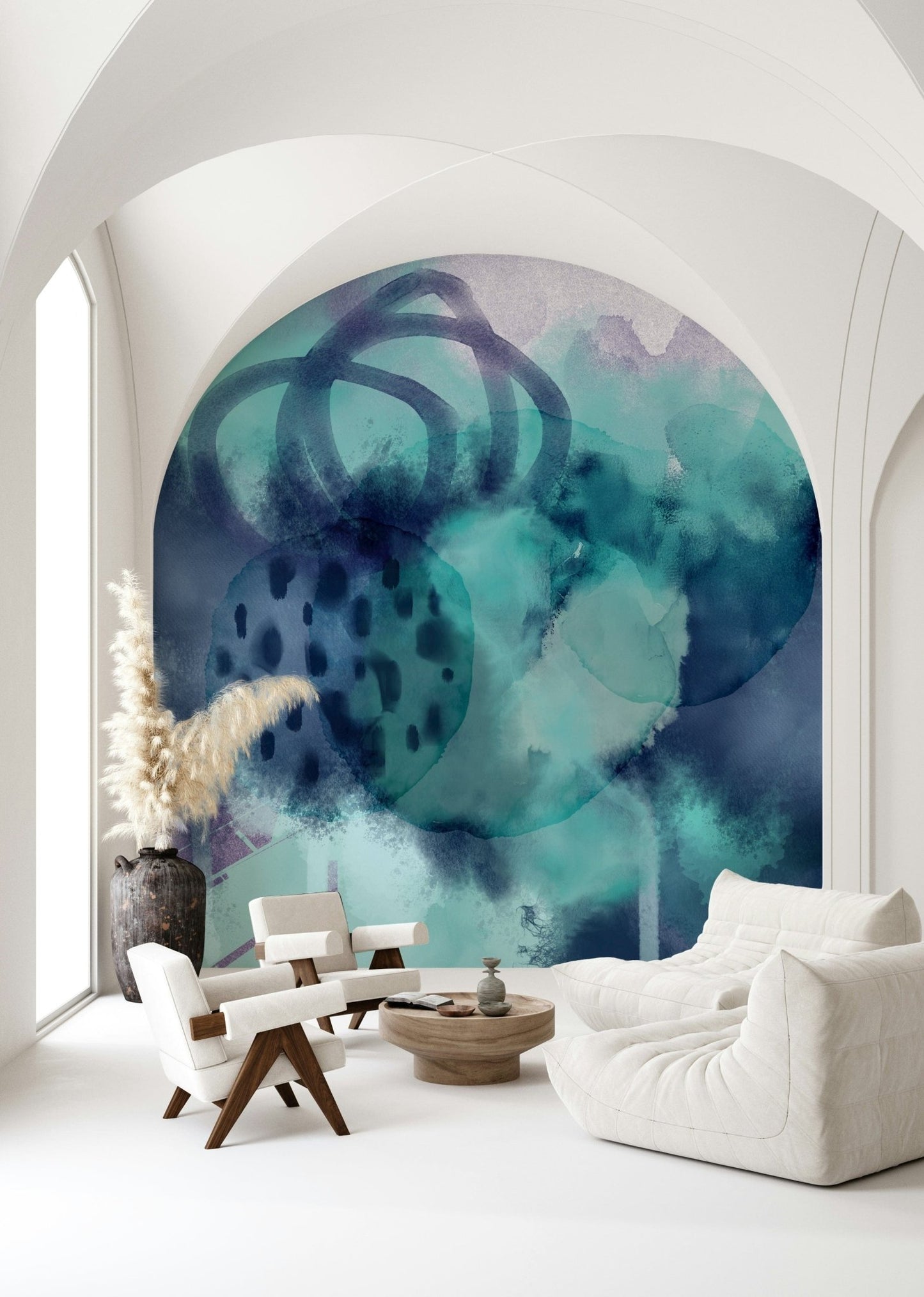 Serene marine-themed wall mural in shades of turquoise and white.