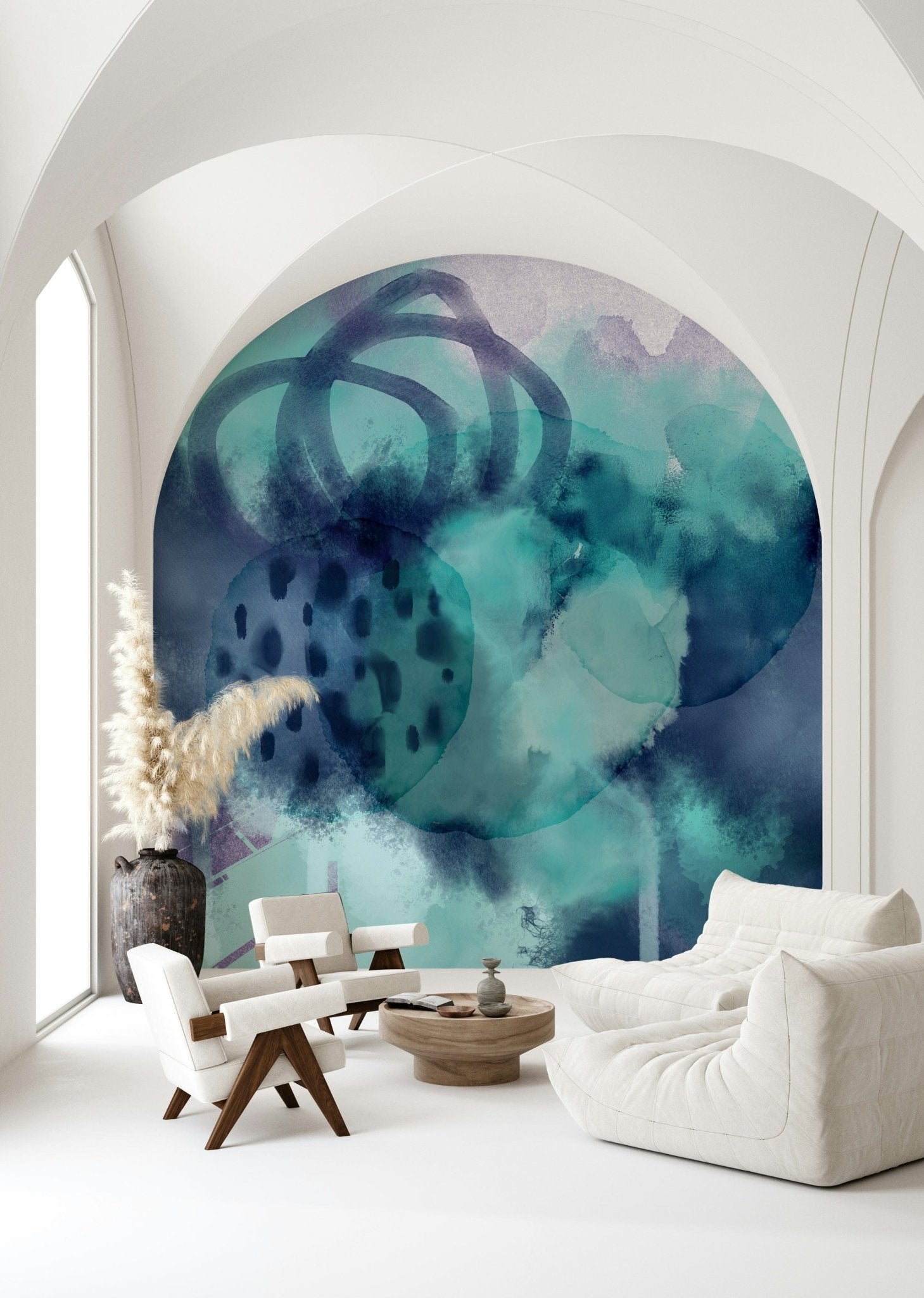 Serene marine-themed wall mural in shades of turquoise and white.
