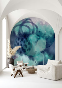 Serene marine-themed wall mural in shades of turquoise and white.
