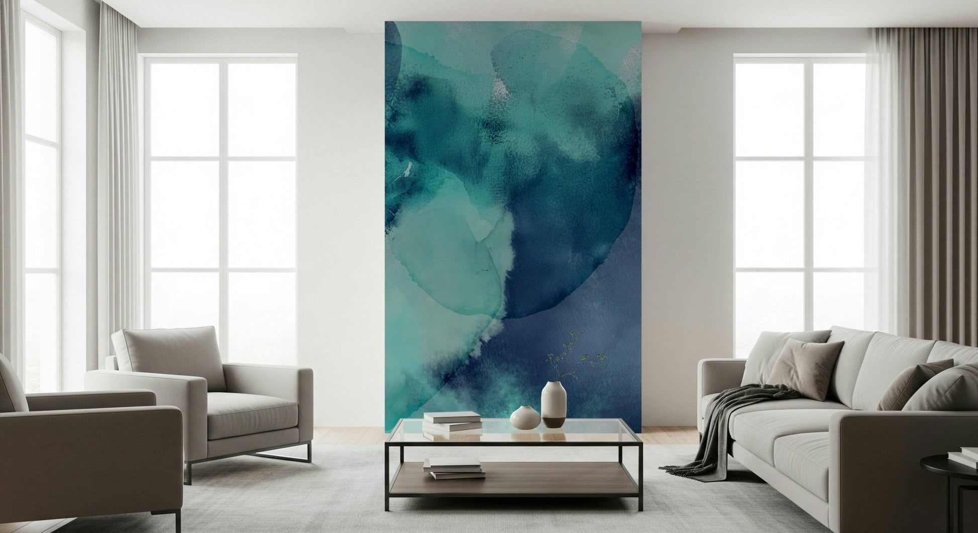 Atmospheric seascape wall mural with smooth textures and cool tones.