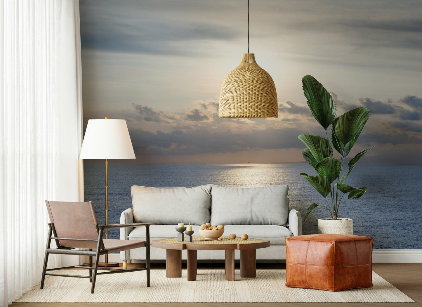 Ocean's Golden Embrace Wall Mural with a sunlit horizon and calm sea.