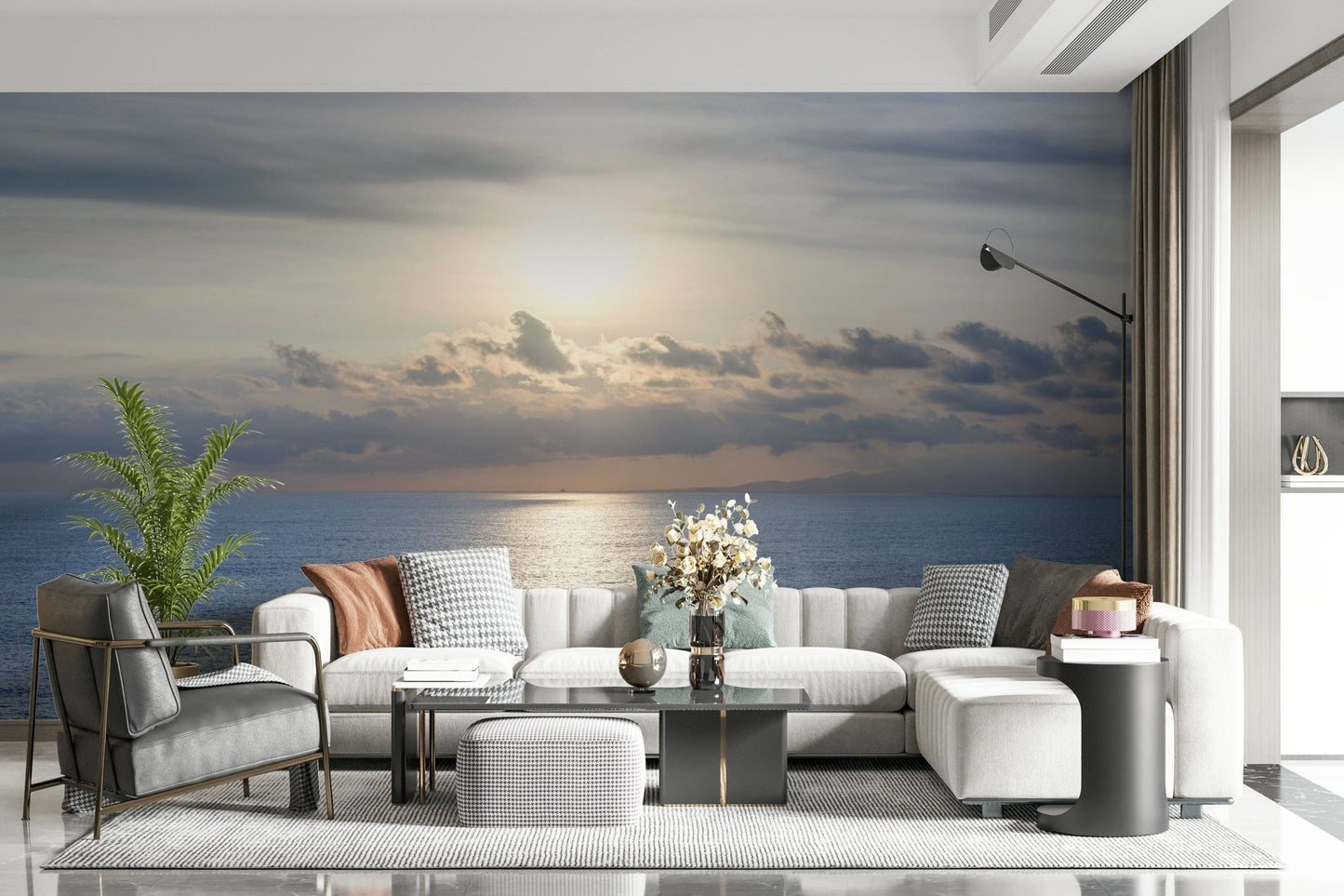 Atmospheric horizon wallpaper featuring sun-kissed waves and light mist.