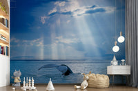 Soft turquoise ocean wall mural in a modern dining room setting.