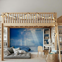 Flowing wave wall mural for a calm and serene bedroom interior.