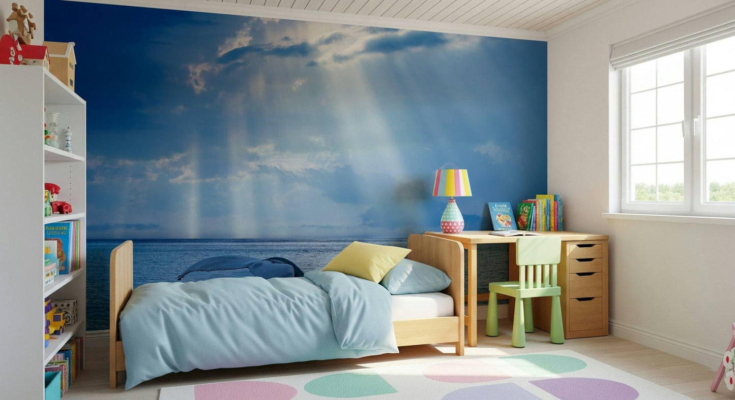 Abstract sea wave wall mural for a relaxing lounge atmosphere.
