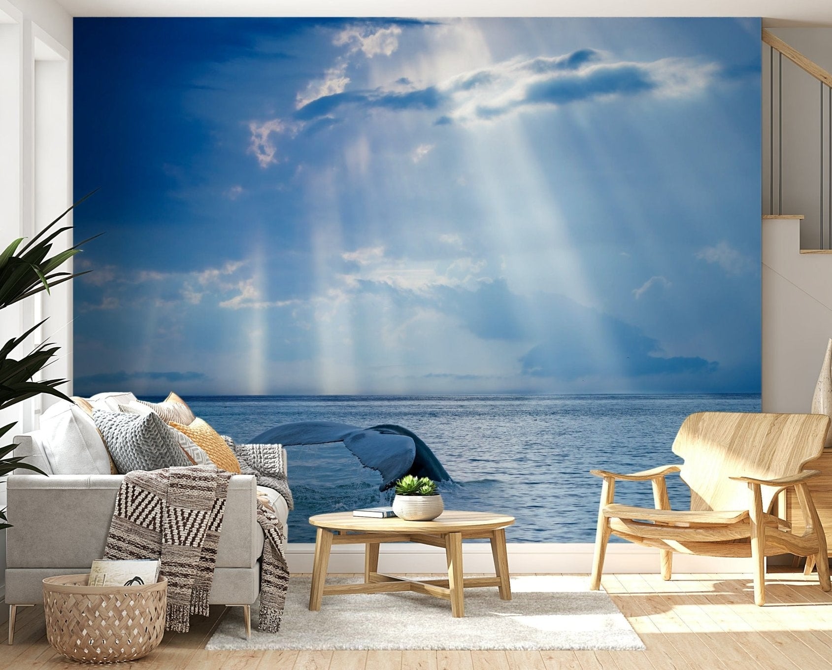 Ocean's Grace Wall Mural in a bright living room with blue accents wallpaper., GD5893