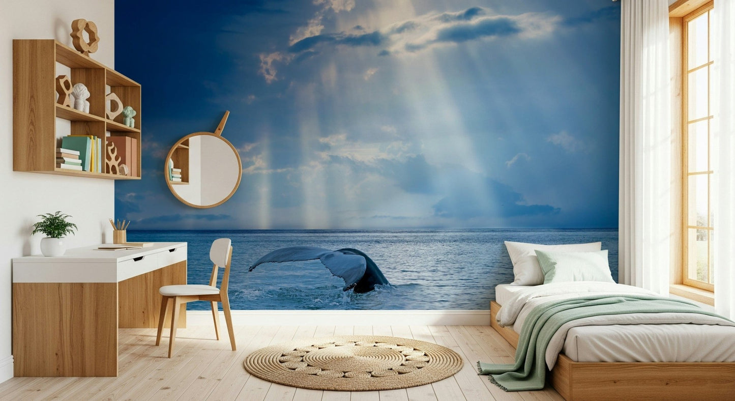 Artistic marine wall mural in a minimalist guest room or study.