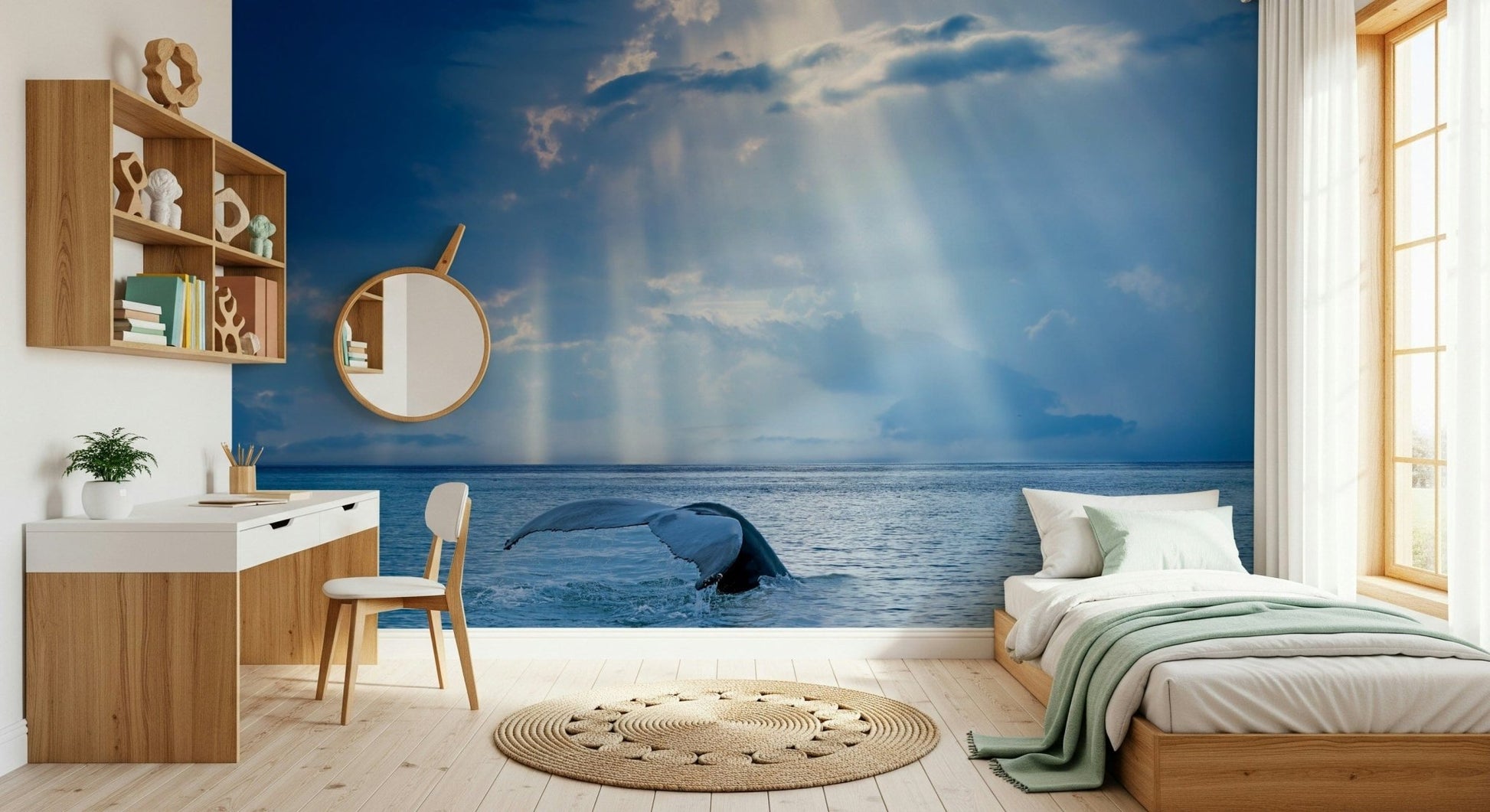 Artistic marine wall mural in a minimalist guest room or study.
