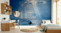 Artistic marine wall mural in a minimalist guest room or study.