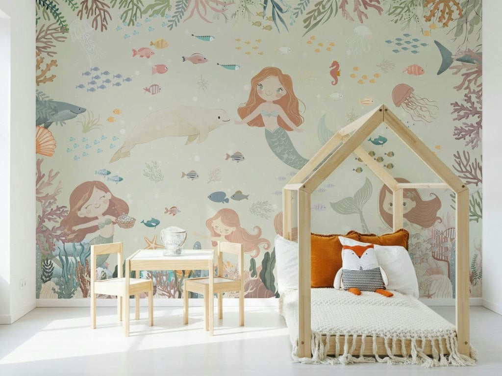 Ocean's Lullaby Wall Mural in a minimalist living room with blue accents wallpaper., GD4090