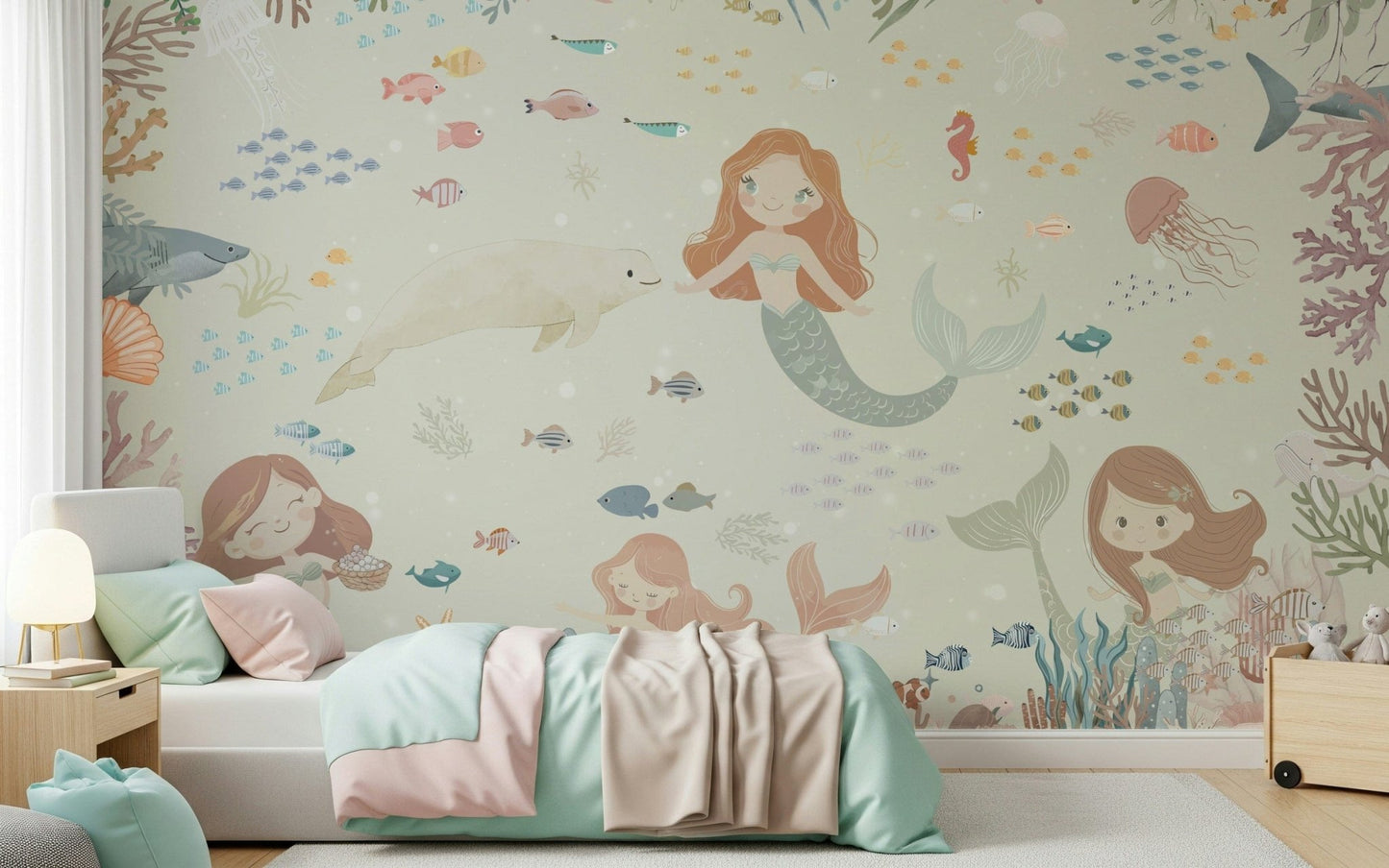Subtle aquatic scenery wallpaper for a sophisticated vanity area wall mural.