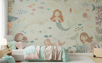 Subtle aquatic scenery wallpaper for a sophisticated vanity area wall mural.